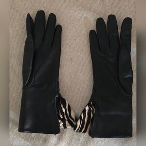 Italian Black Leather Gloves with Zebra Print Accent
